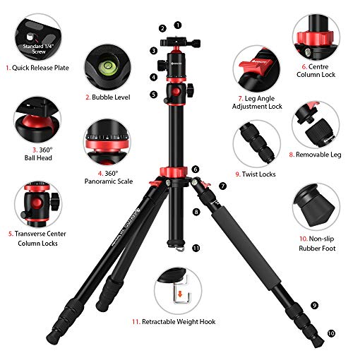 GEEKOTO Camera Tripod, Tripod for DSLR Camera, Aluminum Tripod with 360-Degree Ball Head and Rotatable Center Column, Bag,Video Camcorder Tripod,75-Inch Professional Tripod for Travel and Work.