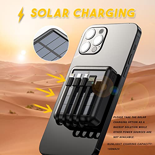 Ruirtarci Small Black Solar Bank,12000mAh Solar Power Bank with Built in 4 Cables,USB C Input/Output,Battery Portable Charger Power Bank for iPhone,Tablet,Samsung,Airpods