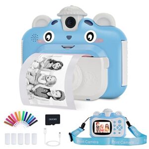 instant print digital kids camera,selfie 1080p video camera for kid with 180° rotating len,32gb tf card,print paper,color pens set,rechargeable toy camera for 3-12 years old girls boys birthday (blue)