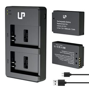 lp-e12 battery charger pack, lp 2-pack battery & dual slot charger, compatible with canon eos m200, m100, m50, m50 mark ii, m10, m2, m, rebel sl1, 100d, powershot sx70 hs, kiss m, kiss x7 & more