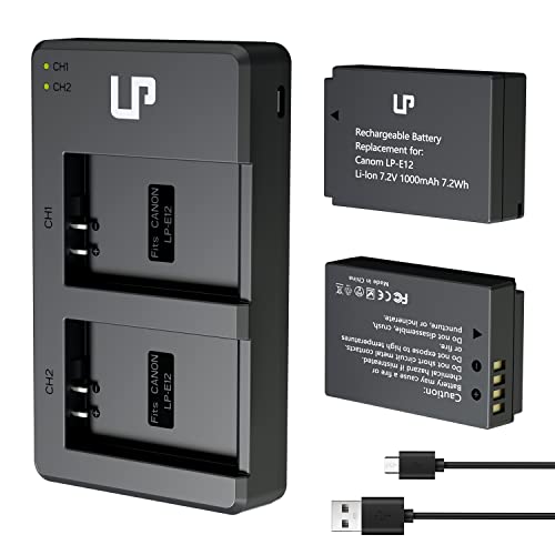 LP-E12 Battery Charger Pack, LP 2-Pack Battery & Dual Slot Charger, Compatible with Canon EOS M200, M100, M50, M50 Mark ii, M10, M2, M, Rebel SL1, 100D, PowerShot SX70 HS, Kiss M, Kiss X7 & More