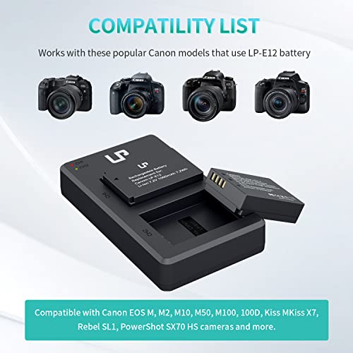 LP-E12 Battery Charger Pack, LP 2-Pack Battery & Dual Slot Charger, Compatible with Canon EOS M200, M100, M50, M50 Mark ii, M10, M2, M, Rebel SL1, 100D, PowerShot SX70 HS, Kiss M, Kiss X7 & More