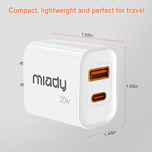 USB C Wall Charger, Miady 2-Pack 20W PD Dual Port USB-C Charger Block Type C Fast Plug Power Adapter Compatible with iPhone 14/13/12iPad/iPad Mini,Samsung Galaxy,and More(Cable Not Included)