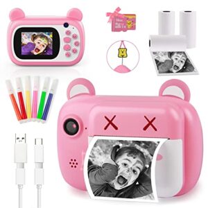 instant print camera for kids – bearbrick selfie kids camera with zero ink | dual lens | 1080p hd | 2.4 inch | 1000 mah | 3 rolls print paper camera for girls boys age 3-12 birthday
