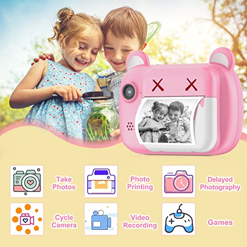 Instant Print Camera for Kids - Bearbrick Selfie Kids Camera with Zero Ink | Dual Lens | 1080P HD | 2.4 Inch | 1000 mAh | 3 Rolls Print Paper Camera for Girls Boys Age 3-12 Birthday
