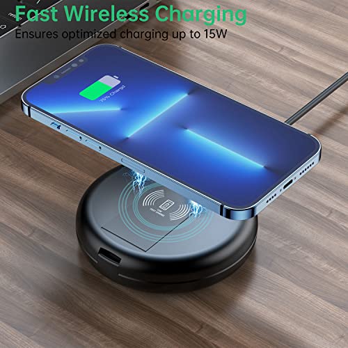 BUDI 15W Wireless Charger Multifunction Box 2.9ft Cable Card USB Type-C Charging and USB C to USB A Light Aluminum Conversion Connector for Travel Charging PC Data Transfer (Upgraded Version)