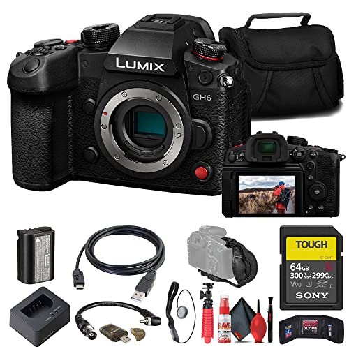 Panasonic Lumix GH6 Mirrorless Camera (DC-GH6BODY) + Sony 64GB Tough SD Card + Card Reader + Case + Flex Tripod + Hand Strap + Memory Wallet + Cap Keeper + Cleaning Kit (Renewed)