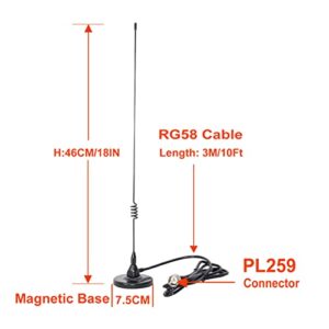 Dualband Antenna 2meter 70cm Mobile VHF/UHF Ham Radio (137-149, 437-480 Mhz) Mag Mount Magnet Base PL-259 Connector, 10 Ft RG58 Cable