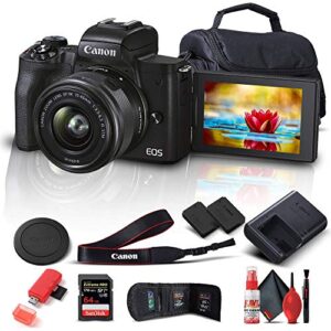 canon eos m50 mark ii mirrorless digital camera with 15-45mm lens (black) (4728c006) + 64gb extreme pro card + extra lpe12 battery + case + card reader + cleaning set + memory wallet + more (renewed)