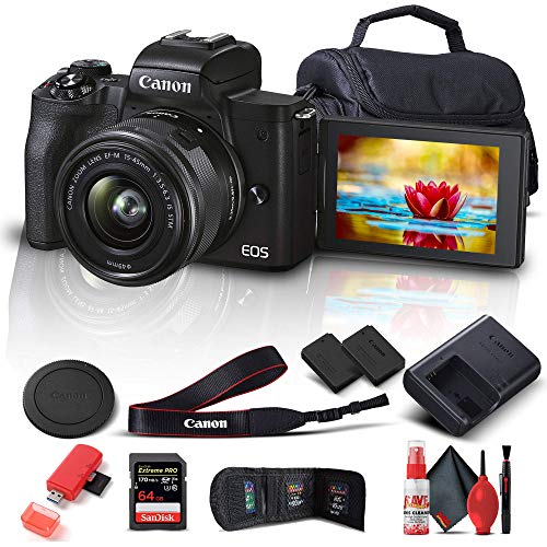 Canon EOS M50 Mark II Mirrorless Digital Camera with 15-45mm Lens (Black) (4728C006) + 64GB Extreme Pro Card + Extra LPE12 Battery + Case + Card Reader + Cleaning Set + Memory Wallet + More (Renewed)