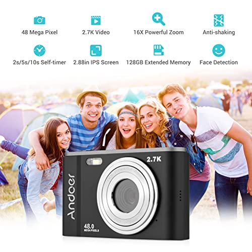 CalmGeek Portable Digital Camera 48MP 2.7K 2.88-inch IPS Screen 16X Zoom Auto Focus Self-Timer 128GB Extended Memory Face Detection -Shaking with 2pcs Batteries Hand Strap Carry Pouch