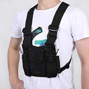 Radio Chest Harness Rig Holster Pack with Front Pouches and Zipper Bag for Universal Walkie Talkies