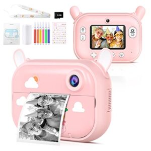tohsssik instant print kids camera for girls 3-12, 2-lens 1080p video record, wifi bunny-ear camera for kids, recharge cord, lanyard, thermal print paper, color pens, memory card included