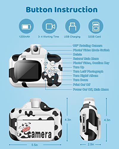 Instant Print Camera for Kids, Kids Selfie Digital Camera with 1080P Video Recorder 32G SD Card Toys for Age 3 4 5 6 7 8-10 12 Toddler Boys and Girls - White (SD Card Inserted)