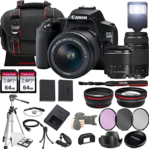 Canon EOS 250D (Rebel SL3) DSLR Camera w/18-55mm F/3.5-5.6 Zoom Lens + EF 75-300mm f/4-5.6 III Lens + 2X 64GB Memory + Case + Filters + Tripod + More (35pc Bundle)