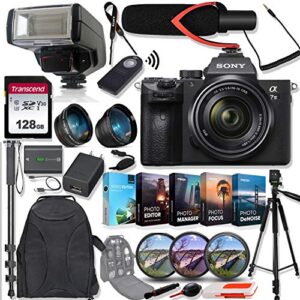 sony alpha a7 iii mirrorless digital camera & fe 28-70 mm f3.5-5.6 oss lens ilce-7m3k/b bundle with tele and wide-angle lens set, 128gb memory card, microphone, ttl flash, camera bag & accessories