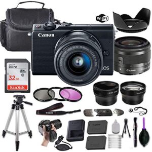 canon eos m100 mirrorless digital camera (black) w/ef-m 15-45mm f/3.5-6.3 is stm + wide-angle and telephoto lenses + portable tripod + memory card + deluxe accessory bundle (renewed)