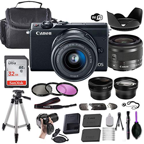 Canon EOS M100 Mirrorless Digital Camera (Black) w/EF-M 15-45mm f/3.5-6.3 is STM + Wide-Angle and Telephoto Lenses + Portable Tripod + Memory Card + Deluxe Accessory Bundle (Renewed)