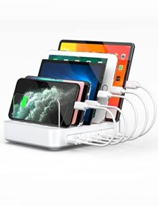 charging station for multiple devices – 5 in 1 charging dock built-in ac adapter with 5 usb fast ports and 8 short cables charging stand for iwatch, airpods, cell phones, smart phones, tablets (white)