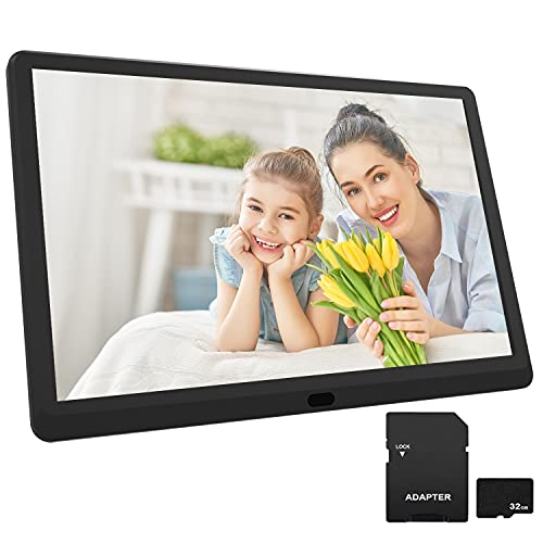 Digital Picture Frame 10 inch with 32GB Card, 1920x1080 IPS Screen, Supports Picture Preview, Video, Background Music, Calendar, Alarm, Time, Remote Control