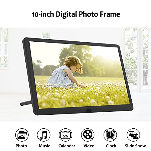 Digital Picture Frame 10 inch with 32GB Card, 1920x1080 IPS Screen, Supports Picture Preview, Video, Background Music, Calendar, Alarm, Time, Remote Control