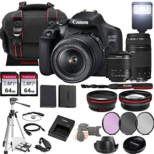 Canon EOS 2000D (Rebel T7) DSLR Camera w/18-55mm F/3.5-5.6 Zoom Lens + EF 75-300mm f/4-5.6 III Lens + 2X 64GB Memory + Case + Filters + Tripod + More (35pc Bundle)