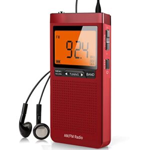 am fm portable radio personal radio with excellent reception battery operated by 2 aaa batteries with stero earphone, large lcd screen, digtail alarm clock radio(red)