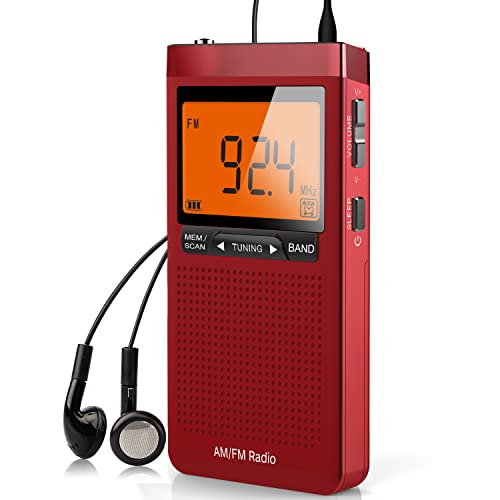 AM FM Portable Radio Personal Radio with Excellent Reception Battery Operated by 2 AAA Batteries with Stero Earphone, Large LCD Screen, Digtail Alarm Clock Radio(Red)