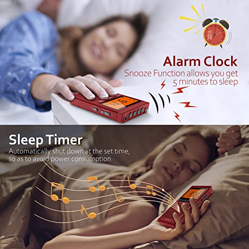 AM FM Portable Radio Personal Radio with Excellent Reception Battery Operated by 2 AAA Batteries with Stero Earphone, Large LCD Screen, Digtail Alarm Clock Radio(Red)