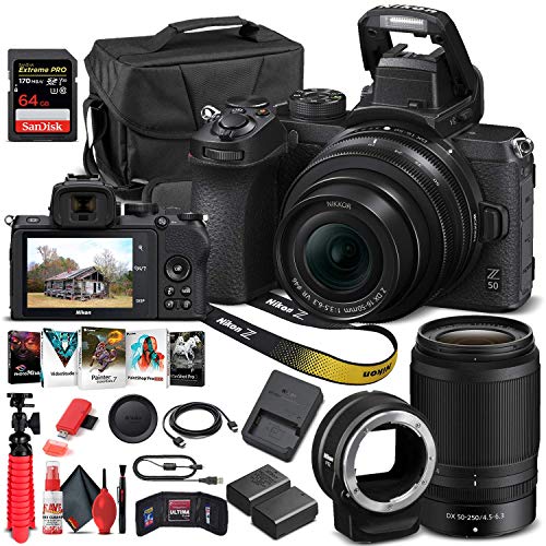 Nikon Z 50 Mirrorless Digital Camera with 16-50mm Lens (1633) + 50-250mm Lens + FTZ Mount Adapter + EN-EL25 Battery + 64GB Card + Case + Corel Photo Software + More (International Model) (Renewed)