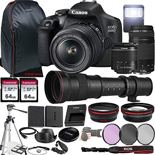 Canon EOS 2000D (Rebel T7) DSLR Camera w/18-55mm F/3.5-5.6 Zoom Lens + EF 75-300mm f/4-5.6 III Lens + 420-800mm f/8.3 HD Lens + 2X 64GB Memory + Case + Filters + Tripod + More (35pc Bundle)