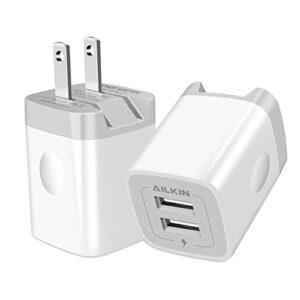 usb wall charger, foldable charger adapter, ailkin 2pack 2.4amp dual port quick charger plug cube ac travel box for iphone 14 pro max 13 12 11pro max/x/xs/xr/8/7/6s plus, samsung galaxy s10/s9/s8 edge