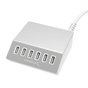 sabrent premium 60 watt (12 amp) 6 port aluminum family sized desktop [ul certified ] usb rapid charger. smart usb charger with auto detect technology [silver] (ax-flch)