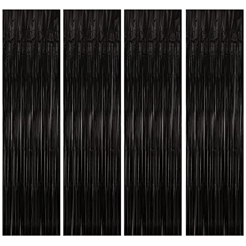 4 Pack Black Streamers Backdrop Curtain 3.2 Ft X 8.2 Ft Black Foil Fringe Curtain Halloween Tinsel Backdrop Birthday Party Decorations Door Streamer