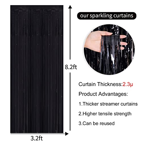 4 Pack Black Streamers Backdrop Curtain 3.2 Ft X 8.2 Ft Black Foil Fringe Curtain Halloween Tinsel Backdrop Birthday Party Decorations Door Streamer