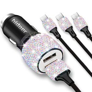 bling usb car charger 5v/2.4a multicolor crystal decor dual port fast adapter with 3.9ft nylon type c/micro usb 3-in-1 multi charging cable for iphone ipad android,car interior accessories for women