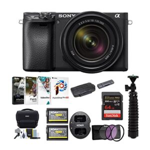 sony alpha a6400 digital camera with 18-135mm lens (black) bundle, memory card, filter kit, battery (2-pack) and dual charger, gadget bag, tripod, software suite, card reader, and case (9 items)
