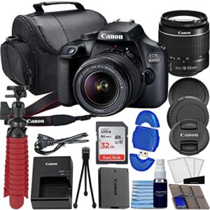 canon eos 4000d / rebel t100 dslr camera w/ef-s 18-55mm f/3.5-5.6 lens kit bundled with 32gb memory, carrying case, 12″ gripster flex tripod + more (renewed)