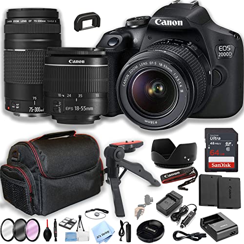 Canon EOS 2000D (Rebel T7) DSLR Camera w/EF-S 18-55mm F/3.5-5.6 Zoom Lens + 75-300mm F/4-5.6 III Lens + 64GB Memory + Case+ Steady Grip Pod + Filters + Remote + 2X Batteries + More (30pc Bundle)