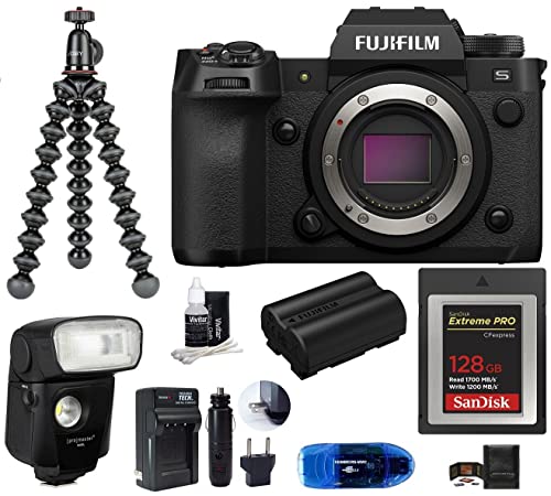 Fujifilm X-H2S Mirrorless Digital Camera Body Bundle, Includes: SanDisk 128GB Extreme PRO CF Express Memory Card Type B, Spare Fujifilm NP-W235 Battery, Tripod, Flash and More (9 Items)