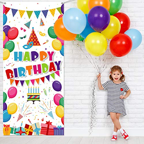 Kids Birthday Party Decorations, Colorful Balloons Present Happy Birthday Door Cover Washable Fabric Backdrop Banner Background for Newborn Baby Shower Celebration Supplies, 70.9 x 35.4 Inch