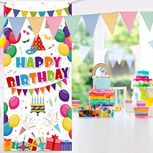 Kids Birthday Party Decorations, Colorful Balloons Present Happy Birthday Door Cover Washable Fabric Backdrop Banner Background for Newborn Baby Shower Celebration Supplies, 70.9 x 35.4 Inch