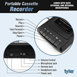 Tyler TCP-01 Portable Cassette Player and Recorder - Retro Shoebox Style Music Device with Stand-Alone Microphone, Built-in Speaker, and Retractable Handle - Auto Voice Level Control, 120V AC Adapter