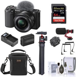 sony zv-e10 mirrorless camera with 16-50mm lens, black bundle with 64gb sd card, shoulder bag, on-camera microphone, mini tripod, extra battery, charger, 40.5mm filter kit, cleaning kit