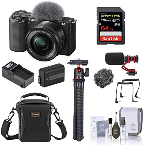 Sony ZV-E10 Mirrorless Camera with 16-50mm Lens, Black Bundle with 64GB SD Card, Shoulder Bag, On-Camera Microphone, Mini Tripod, Extra Battery, Charger, 40.5mm Filter Kit, Cleaning Kit