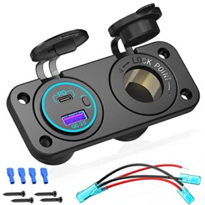 [upgraded version] 12v cigarette lighter socket, quick charge 3.0 & pd 3.0 usb charger power outlet with button switch, waterproof 12 volt adapter for car motorcycle boat marine rv golf cart etc.