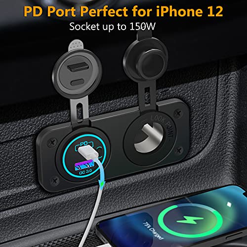 [Upgraded Version] 12V Cigarette Lighter Socket, Quick Charge 3.0 & PD 3.0 USB Charger Power Outlet with Button Switch, Waterproof 12 Volt Adapter for Car Motorcycle Boat Marine RV Golf Cart etc.