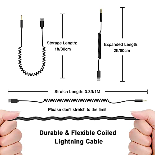 Coiled Aux Cord for iPhone, [Apple MFi Certified] 3.3ft Coiled Lightning to 3.5mm Aux Audio Adapter Cable Compatible with iPhone 14 13 12 11 XS XR X 8 7 6 for Car Home Stereo Headphone Speaker, Black