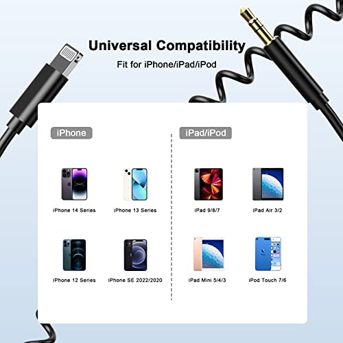 Coiled Aux Cord for iPhone, [Apple MFi Certified] 3.3ft Coiled Lightning to 3.5mm Aux Audio Adapter Cable Compatible with iPhone 14 13 12 11 XS XR X 8 7 6 for Car Home Stereo Headphone Speaker, Black