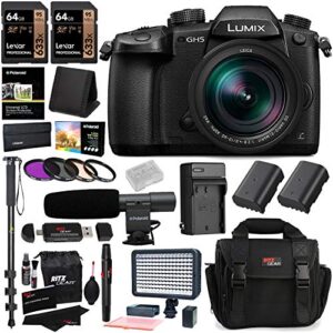 panasonic lumix gh5 mirrorless camera with 12-60mm lens (dc-gh5lk), 2x 64gb memory cards, 2x spare battery, professional video led light, accessory bundle